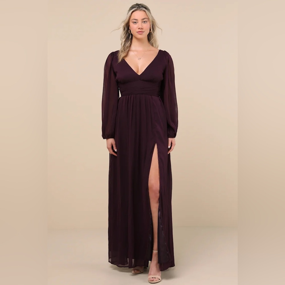 Lulus Enchant My Love Dark Purple V-Neck Long Sleeve Maxi Dress